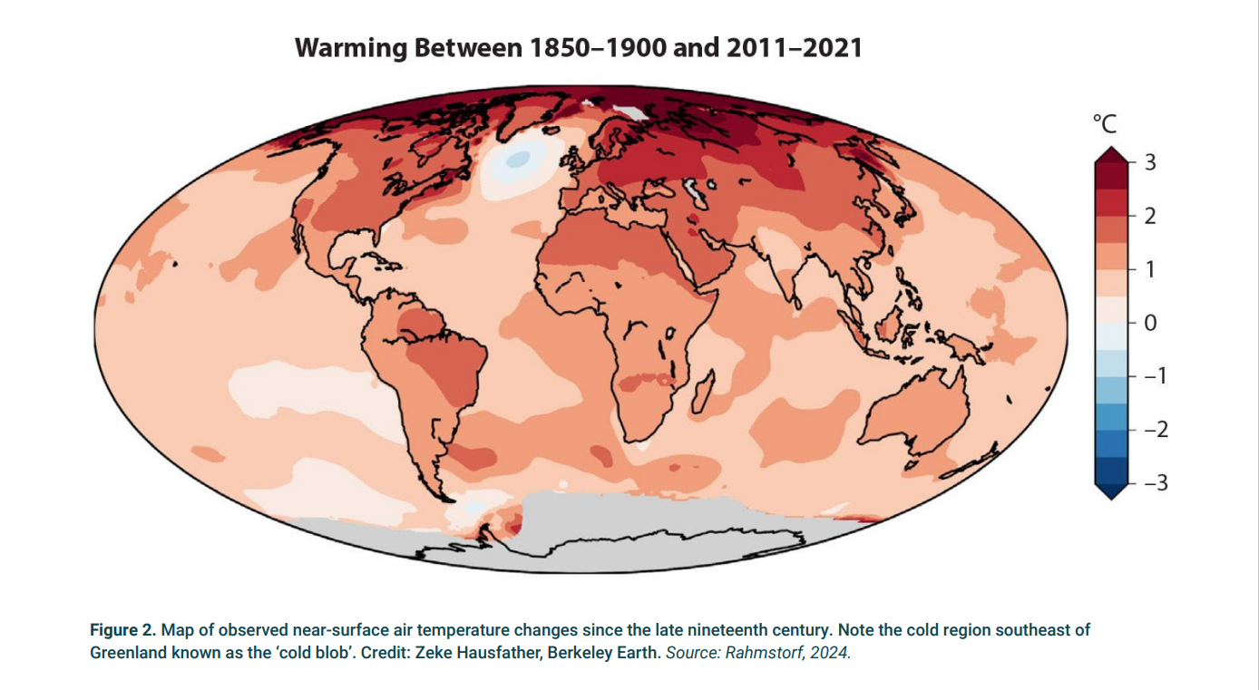 Map of observed near-surface air temperature changes since the late nineteenth century. Note the cold region southeast of Greenland known as the ‘cold blob’. Credit: Zeke Hausfather, Berkeley Earth. Source: Rahmstorf, 2024