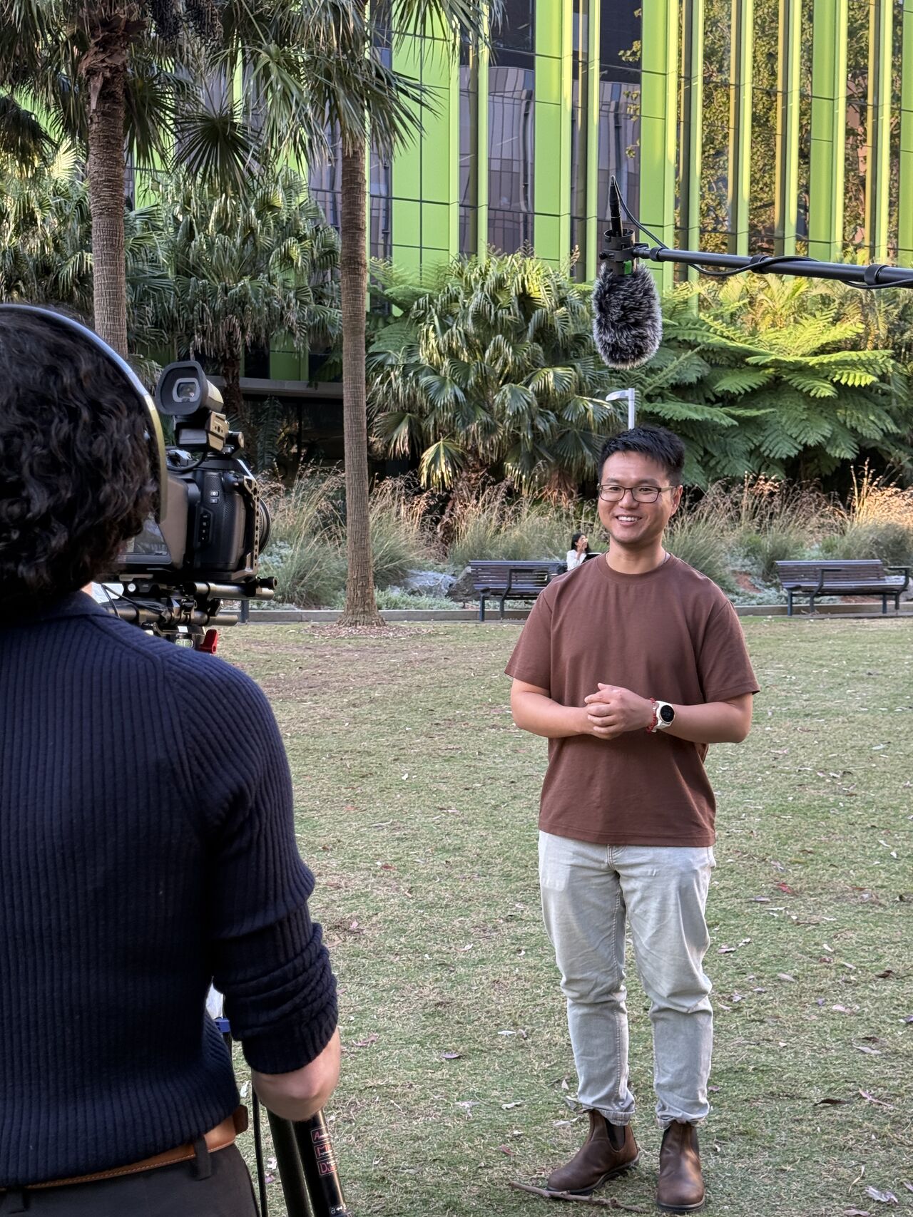 ACEAS postdoc Dr Zhi Li receives media training at UNSW.