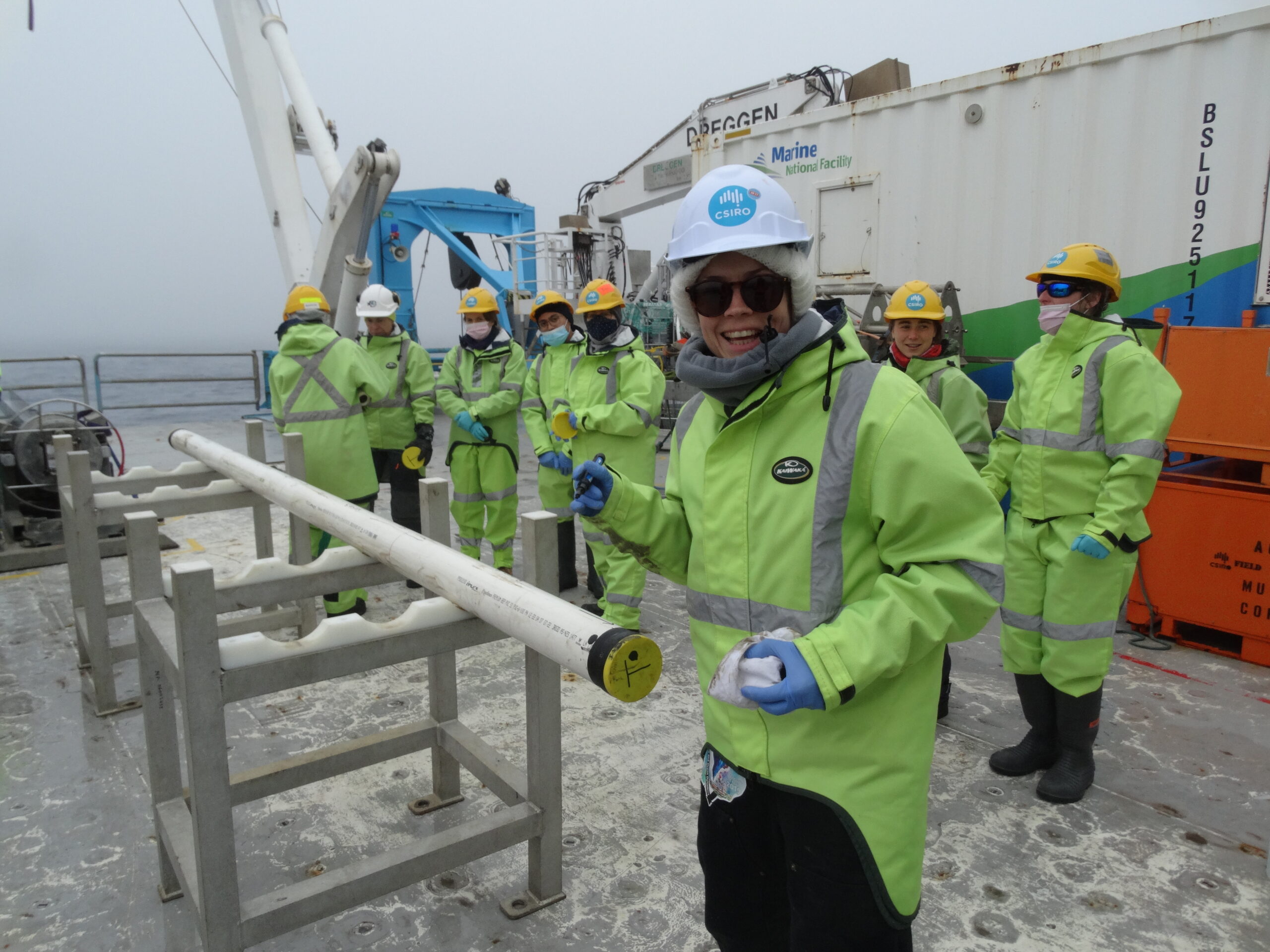 Dr Linda Armbrecht, with first section of successful record 20.5m piston core – DSC04698. Image credit: L. De Santis.