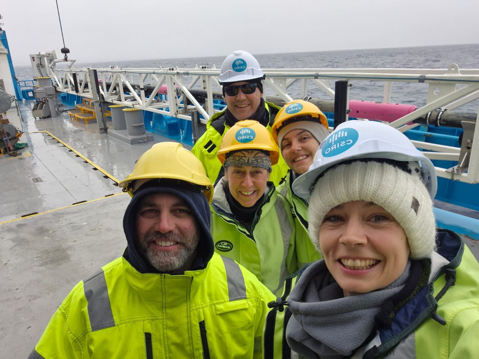 Successful 20.5m piston core selfie (Dr Linda Armbrecht with MNF Field Operations personnel (Jamie and Jason) and PI’s Dr Amy Leventer and Dr Amaranta Focardi). Image credit: L. Armbrecht.