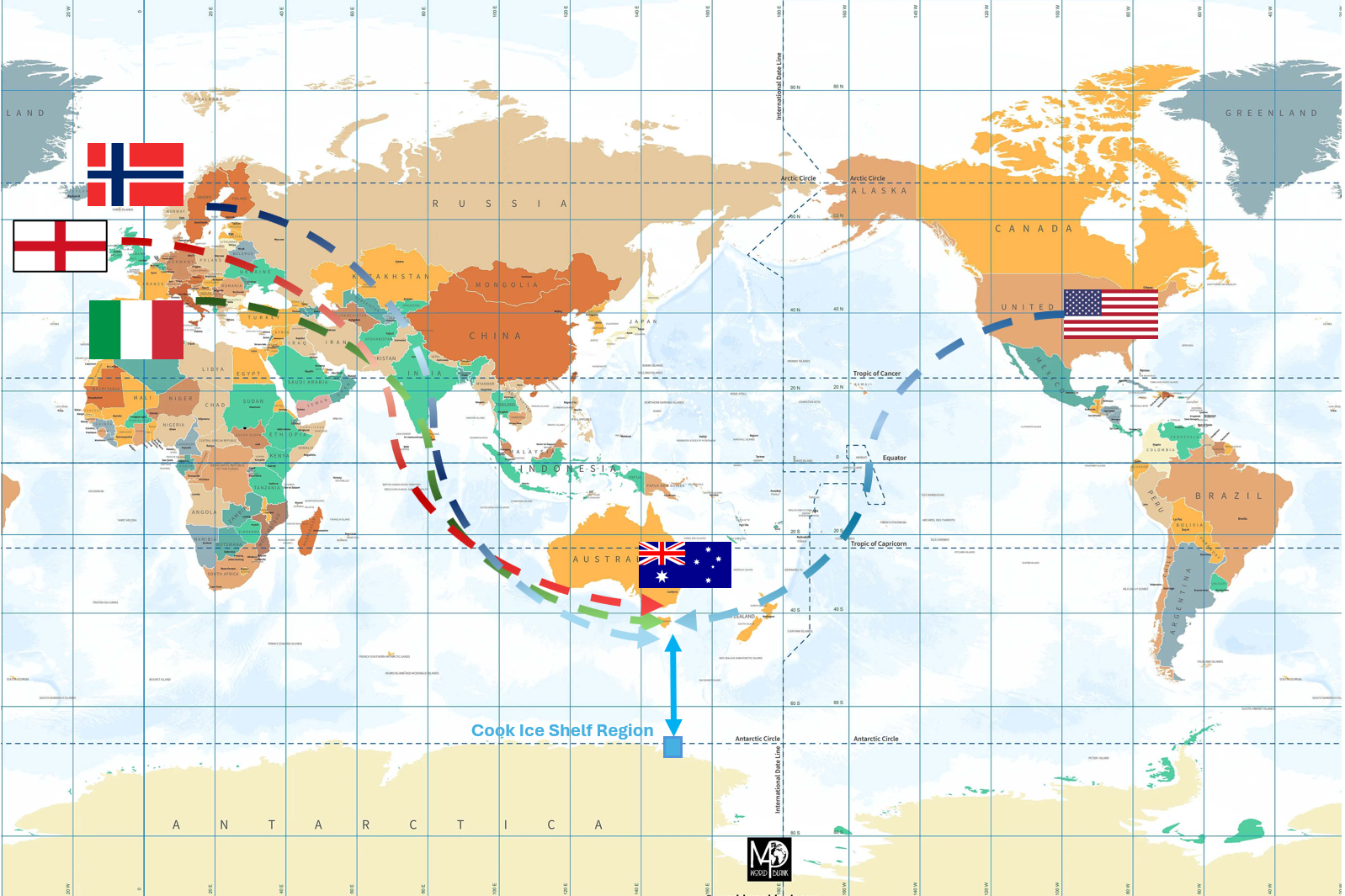 Map showing the home countries of the COOKIES voyage research team.