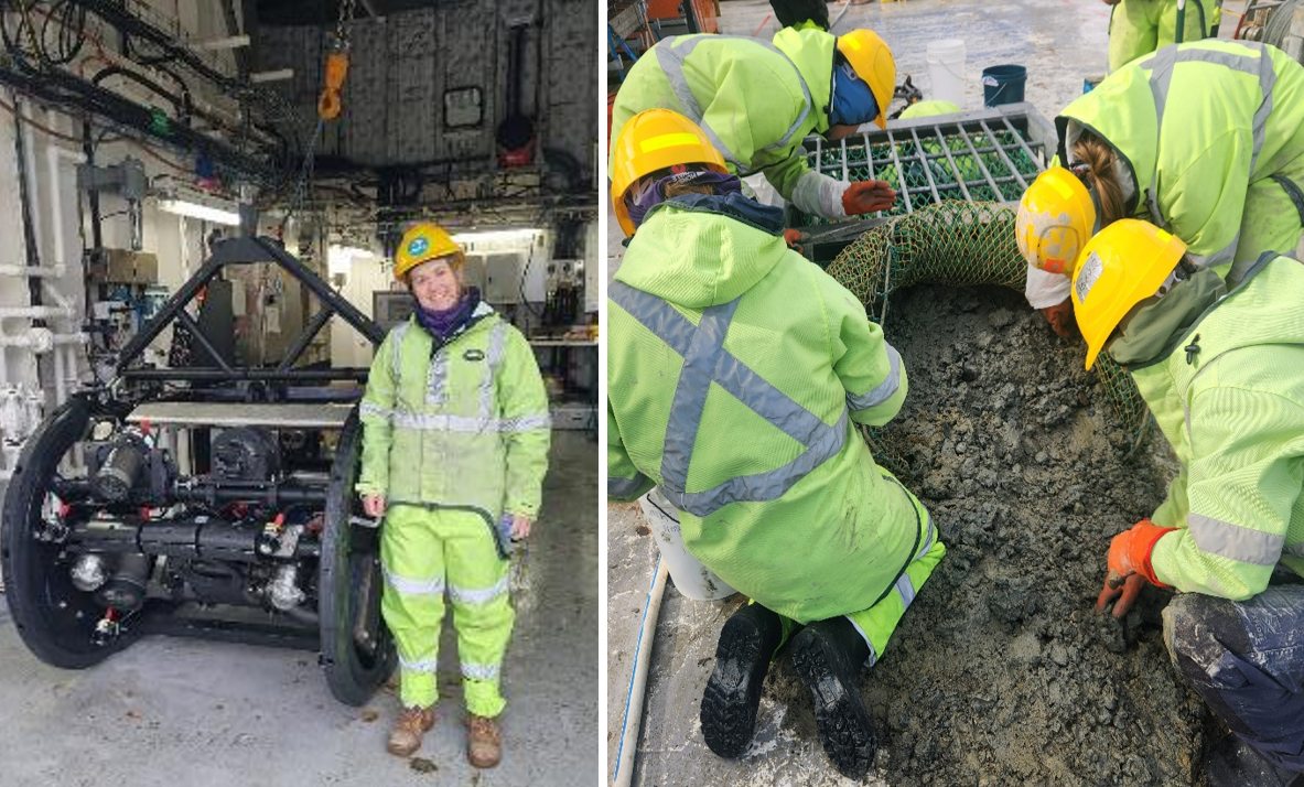 Left: Sarah Jessop, PhD student from the Institute of Marine and Antarctic Studies/University of Tasmania part of the biodiversity team with the deep towed camera system. Image credit: R. Knight. Right: Researchers sorting sediment to find benthic fauna brought up by the benthic sled. Image credit: J. Lalime.