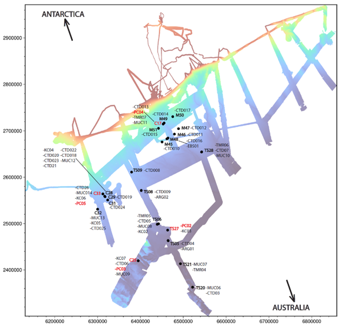 Bathymetry imaging of Cook/Ninnis/Mertz region. Image credit: L. DeSantis.