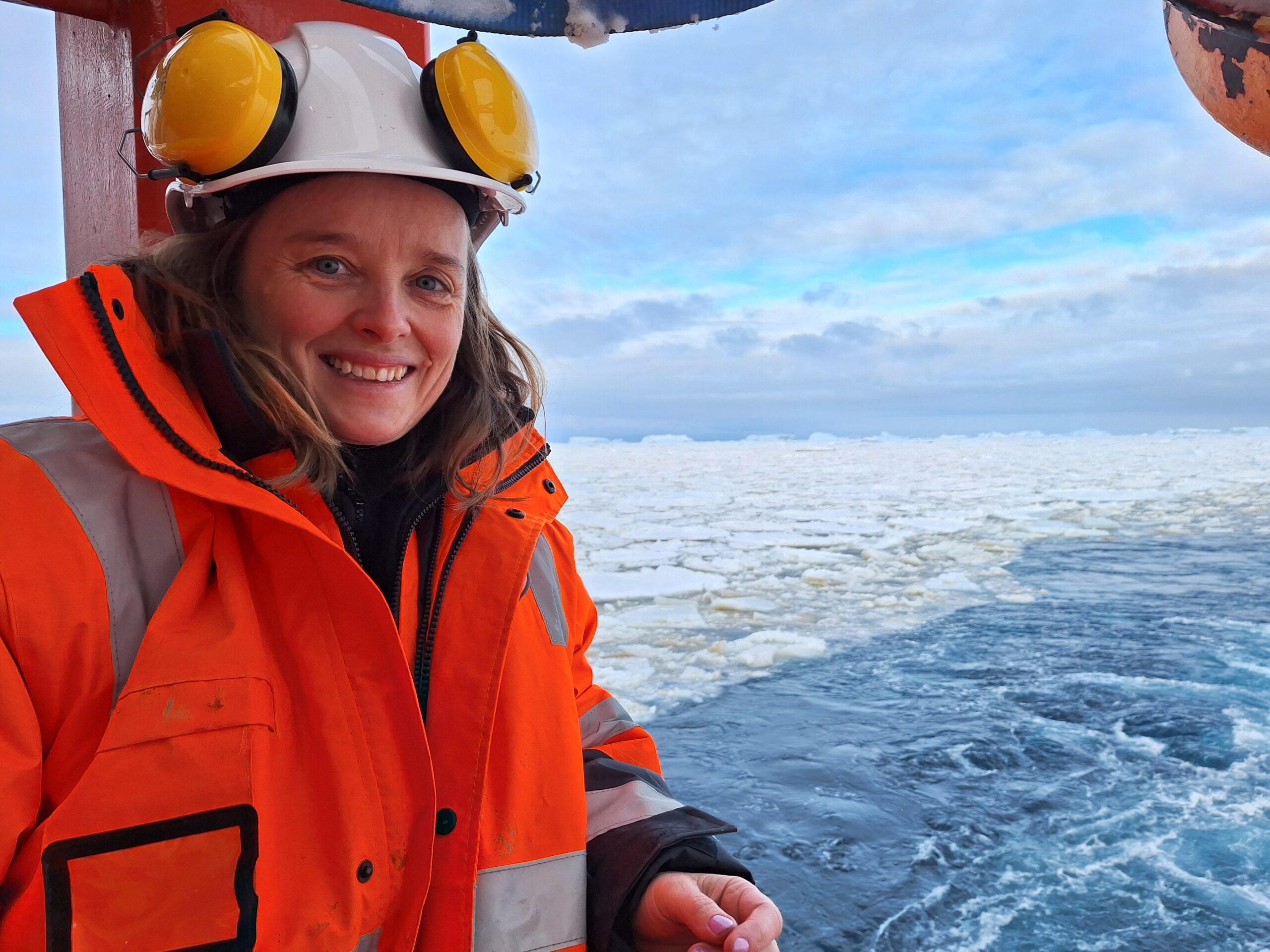 ACEAS Director, Professor Jo Whittaker, aboard the RSV Nuyina as part of the Denman Marine Voyage in 2025. Credit: Taryn Noble.