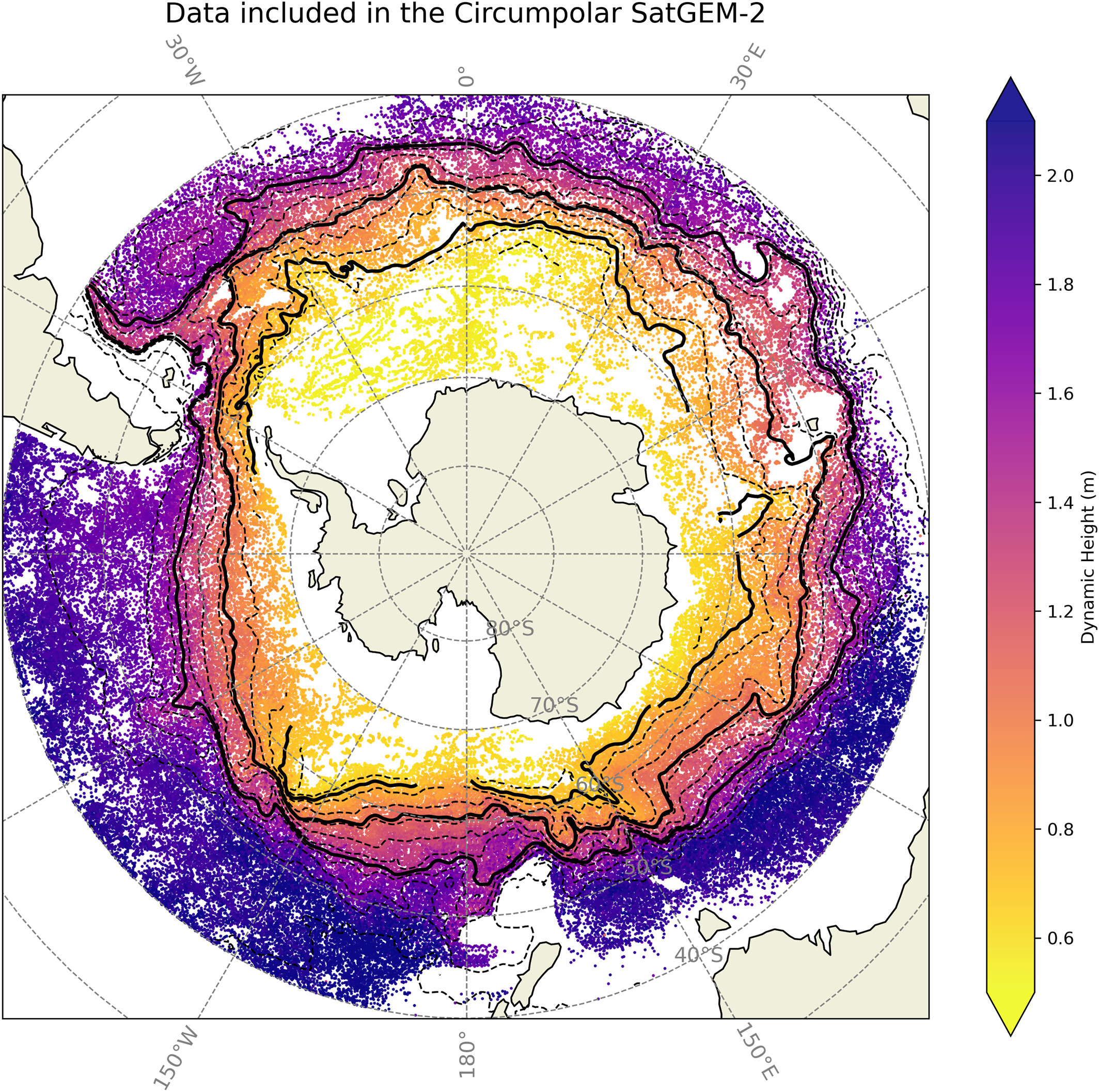 Locations of float and CTD profiles used in the creation of SatGEM-2 coloured by dynamic height of the sea surface. Credit: JGR Oceans.