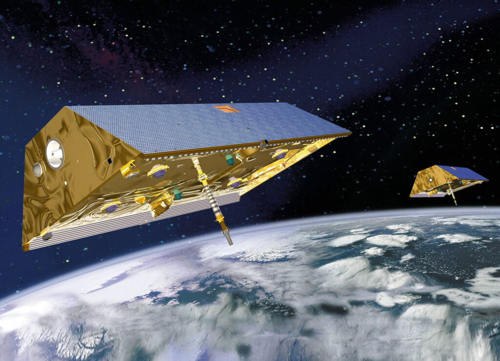 The GRACE tandem satellites enabled sea surface height to be estimated from space. Credit: NASA.