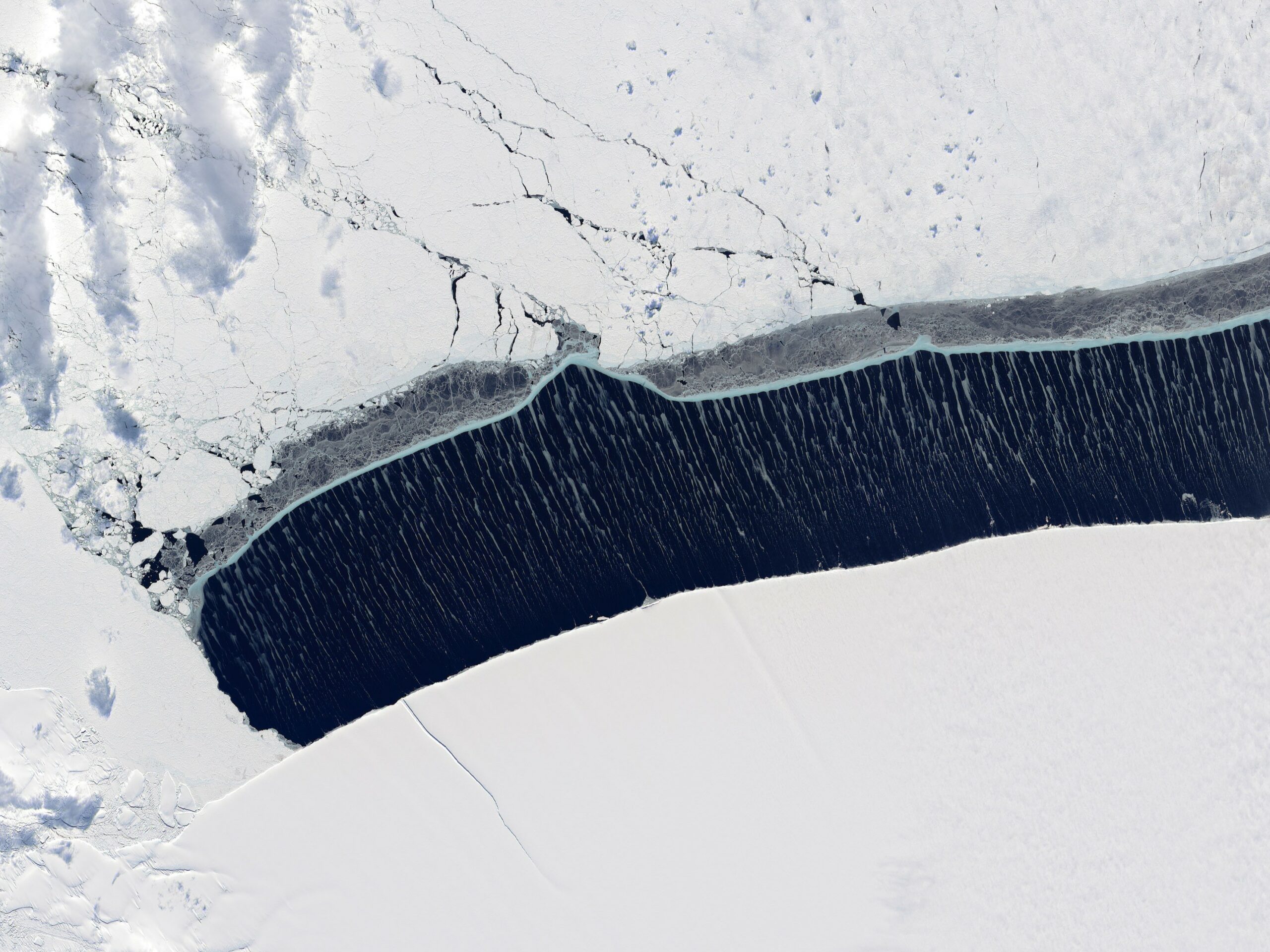 Windblown sea ice in the Weddell Sea, a region that produces more than half of the global volume of Antarctic Bottom Water. Credit: NASA.