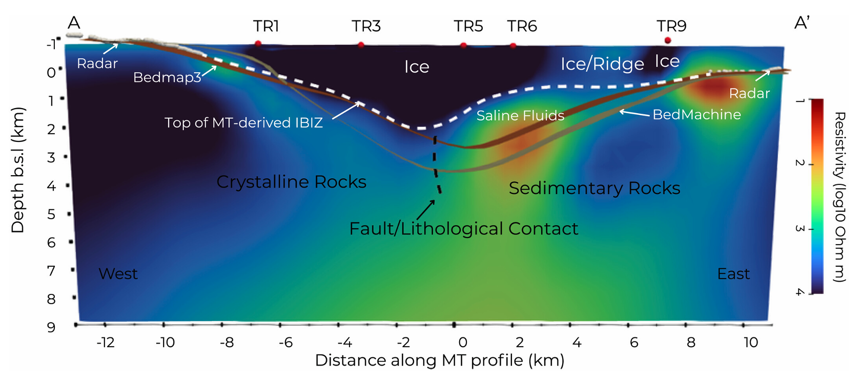Cross‐section along the magnetotelluric (MT) profile showing the interpreted subsurface structure beneath Denman Glacier, based on the preferred resistivity model. The white dotted line shows where the researchers believe the Ice‐Bed Interface Zone lies. Bed elevations from previous radar data, BedMachine v3, and BedMap3 are also overlaid for reference, and are significantly deeper in the centre of the trough compared to what the new results showed.