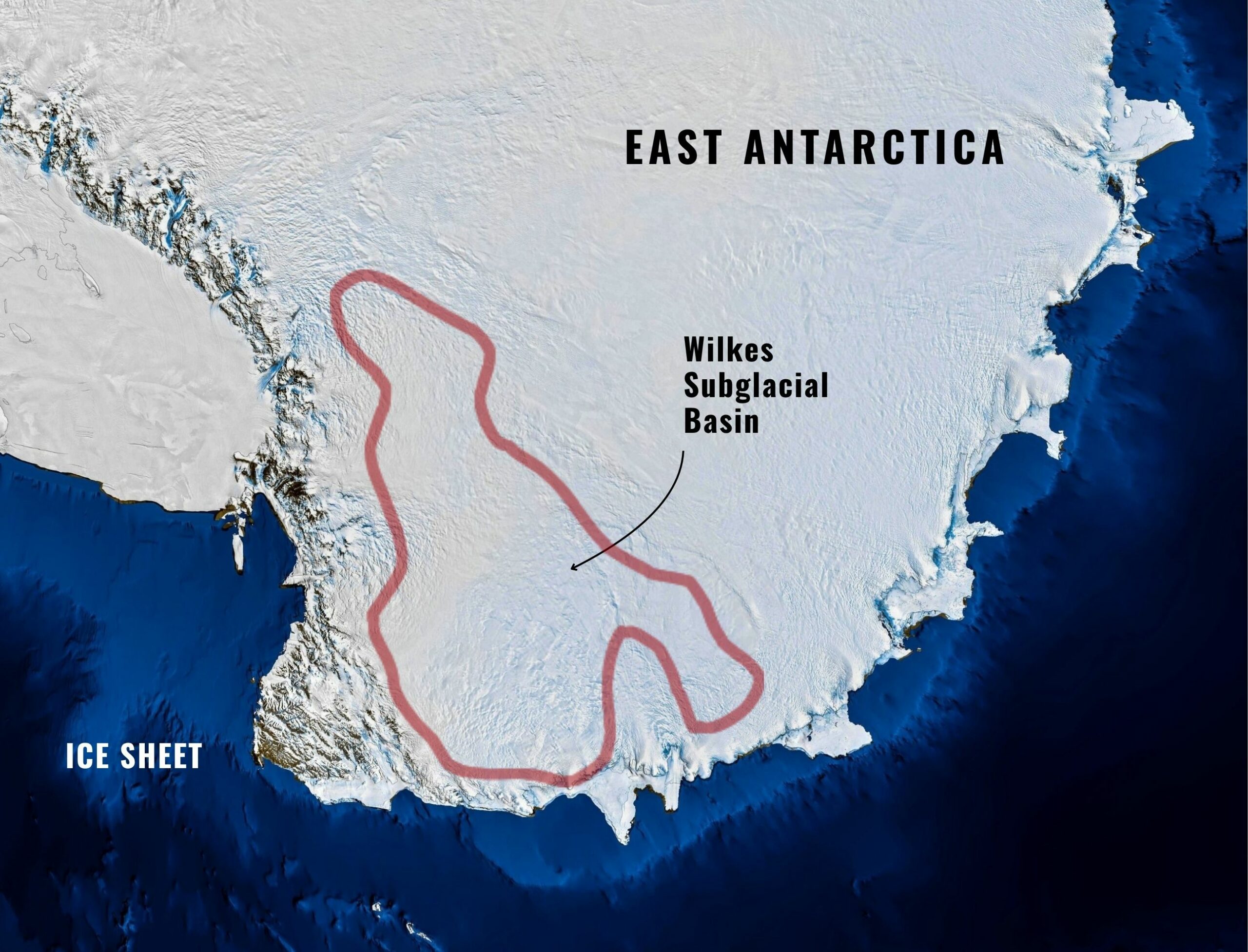 Wilkes Subglacial Basin ice sheet and bedrock. Much of the basin is sitting on bedrock deeper than 2,000 metres below sea level, making it particularly vulnerable to ice sheet retreat. Credit: Mark Horstman / AAPP
