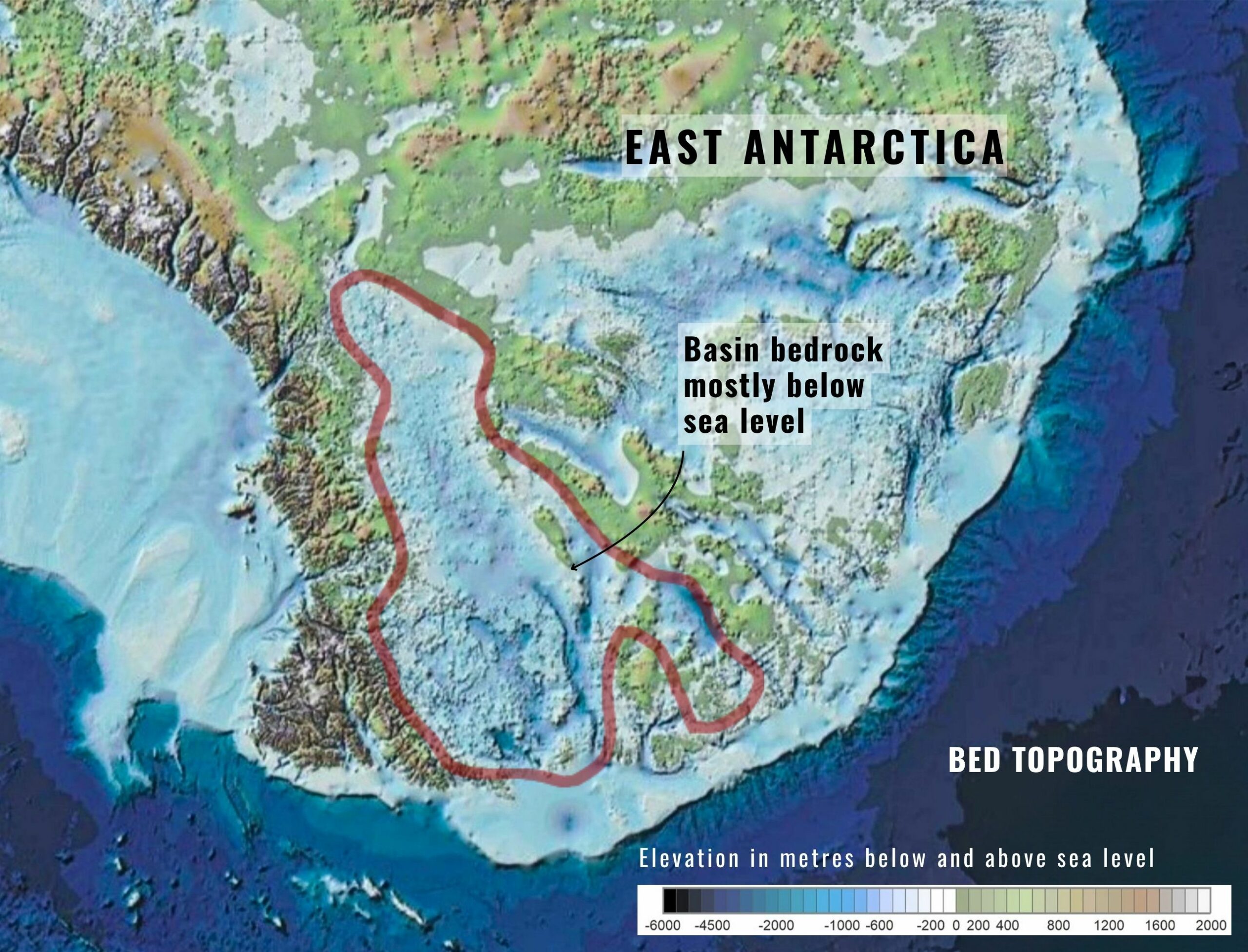 Wilkes Subglacial Basin ice sheet and bedrock. Much of the basin is sitting on bedrock deeper than 2,000 metres below sea level, making it particularly vulnerable to ice sheet retreat. Credit: Mark Horstman / AAPP
