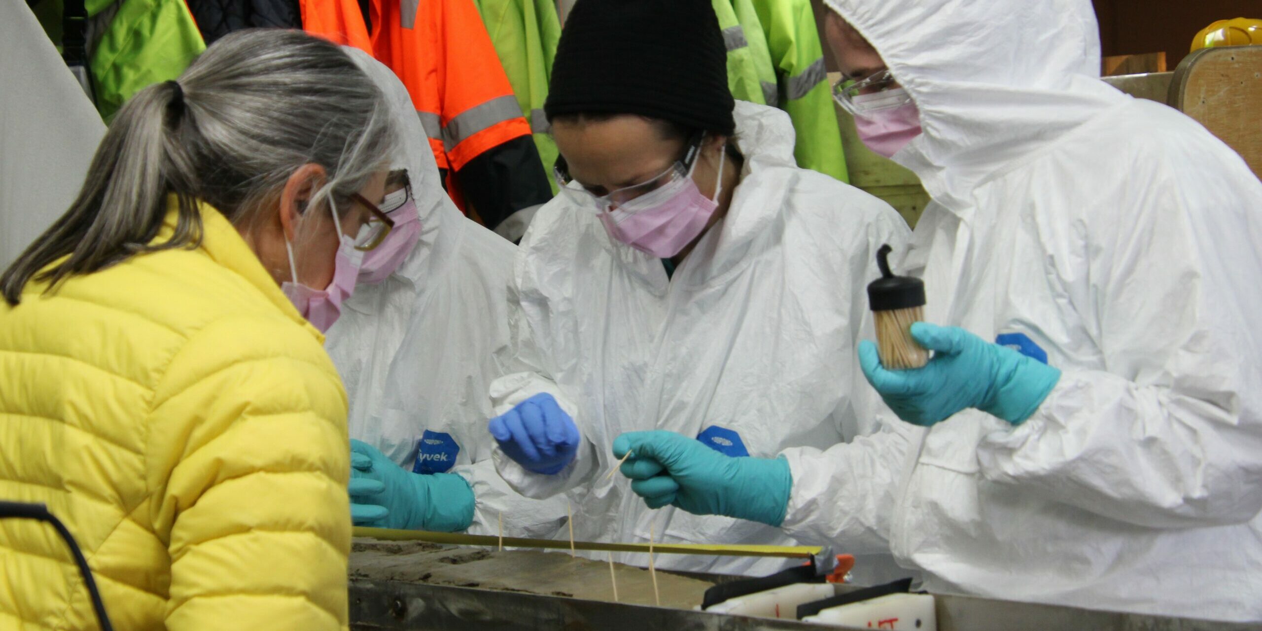 Dr Amy Leventer, Timothy Nugroho, Dr Linda Armbrecht and Lucinda Duxbury (L-R) marking the core with toothpicks. Image credit: J. Lalime