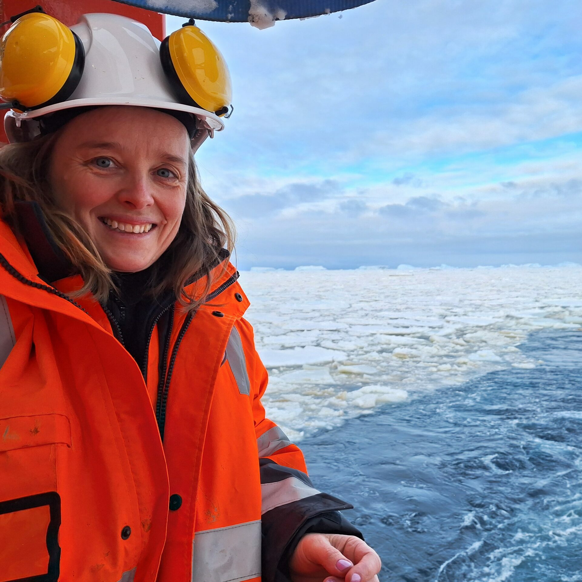 ACEAS Director, Professor Jo Whittaker, aboard the RSV Nuyina as part of the Denman Marine Voyage in 2025. Credit: Taryn Noble.